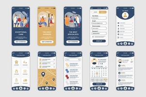 Medicine concept screens set for mobile app template. People choose specialist, make appointment with doctor online. UI, UX, GUI user interface kit for smartphone application layouts. design vector