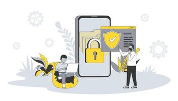 Data protection concept in flat design with people. Men work in security service and protect online data from phishing and hacking in apps. illustration with character scene for web banner vector