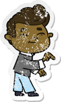 distressed sticker of a happy cartoon man pointing png