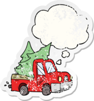 cartoon pickup truck carrying trees with thought bubble as a distressed worn sticker png