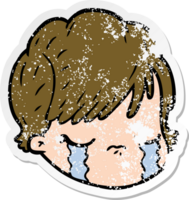 distressed sticker of a cartoon female face crying png