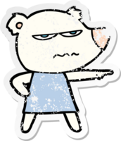 distressed sticker of a cartoon angry bear polar girl pointing png