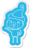 quirky cartoon  sticker of a crying bald man wearing santa hat png