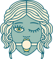 iconic tattoo style image of a winking female face wearing ball gag png