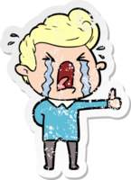 distressed sticker of a cartoon crying man png