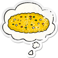 cartoon pizza with thought bubble as a distressed worn sticker png