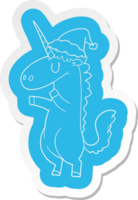 quirky cartoon  sticker of a unicorn wearing santa hat png