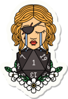sticker of a crying human rogue with natural one d20 roll png
