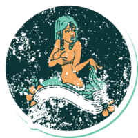 distressed sticker tattoo in traditional style of a pinup mermaid with banner png