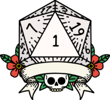 Retro Tattoo Style natural one d20 dice roll png