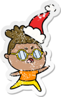 hand drawn distressed sticker cartoon of a annoyed woman wearing santa hat png