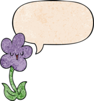 cartoon flower with happy face with speech bubble in retro texture style png