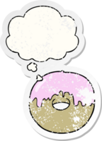 cartoon donut with thought bubble as a distressed worn sticker png