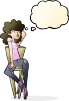 mulher de desenho animado posando na cadeira com balão de pensamento png