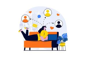 Social network concept with people scene in flat cartoon design. Woman writes and sends messages to contacts, online communication and distant friendship. illustration visual story for web vector