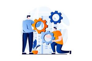 Teamwork concept with people scene in flat cartoon design. Men set up workflows and optimize processes, brainstorming, working together and partnership. illustration visual story for web vector