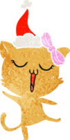 main tiré rétro dessin animé de une chat portant Père Noël chapeau png