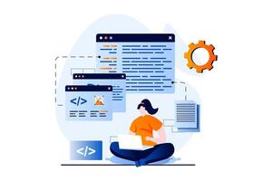 Software development concept with people scene in flat cartoon design. Woman working, optimizes code at screens, programming and creates products on laptop. illustration visual story for web vector