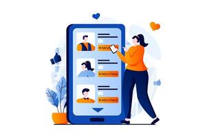 Social network concept with people scene in flat cartoon design. Woman adds new online friends to her personal account and chats from mobile application. illustration visual story for web vector
