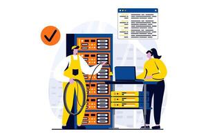 Server maintenance concept with people scene in flat cartoon design. Woman and man technicians team working in server rack hardware room and fixing problems. illustration visual story for web vector