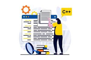 Software development concept with people scene in flat cartoon design. Woman developer programming at screens, searching problems and fixing code in programs. illustration visual story for web vector