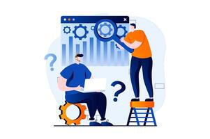 Technical support concept with people scene in flat cartoon design. Tech team searching and fixing problems, making repair and computer maintenance for client. illustration visual story for web vector
