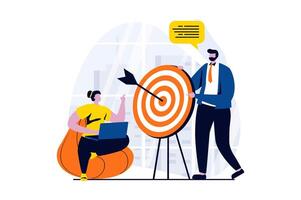 Strategic planning concept with people scene in flat cartoon design. Man and woman discuss work tasks, targeting, business development and startup launch. illustration visual story for web vector