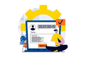 Technical support concept with people scene in flat cartoon design. Operator works on laptop, responds to emails and messages from clients and consults. illustration visual story for web vector