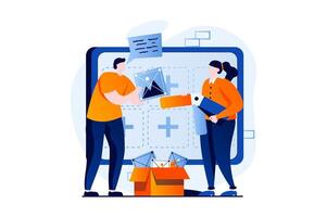 Ui ux design concept with people scene in flat cartoon design. Man and woman create elements for user interface, place buttons on layout for applications. illustration visual story for web vector