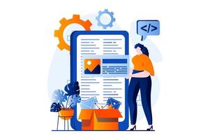 Web development concept with people scene in flat cartoon design. Woman creating and programming website layout, testing and optimizing for mobile phone. illustration visual story for web vector