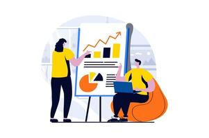 Strategic planning concept with people scene in flat cartoon design. Man and woman discussing work task, brainstorming, business development and data analysis. illustration visual story for web vector