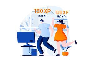 Virtual reality concept with people scene in flat cartoon design. Man and woman in VR glasses playing game in cyberspace, gaming, compete and have fun. illustration visual story for web vector