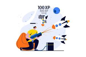 Virtual reality concept with people scene in flat cartoon design. Man in VR glasses plays game with gaming laser gun in augmented space simulation. illustration visual story for web vector