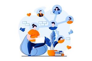 Social network concept with people scene in flat cartoon design. Woman communicates with group of friends in social networks, likes and comments on posts. illustration visual story for web vector