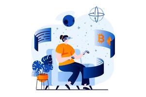 Virtual reality concept with people scene in flat cartoon design. Woman in VR glasses using controllers for interacting with dashboards with cryptocurrency. illustration visual story for web vector