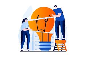 trabajo en equipo concepto con personas escena en plano dibujos animados diseño. hombre y mujer generando nuevo ideas, lluvia de ideas, trabajando juntos en proyecto y camaradería. ilustración visual historia para web vector