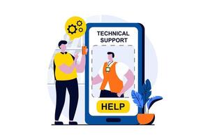 Technical support concept with people scene in flat cartoon design. Man writes to operator to solve problems using mobile app. Consultant helps client online. illustration visual story for web vector