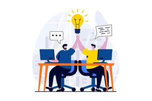 Teamwork concept with people scene in flat cartoon design. Men working together in team at office, cooperation for achievement goals, colleague collaboration. illustration visual story for web vector