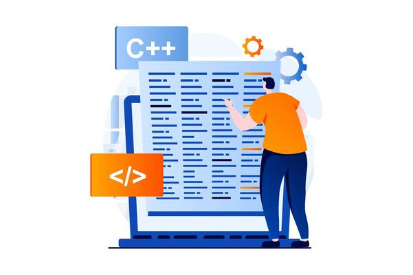 Software development concept with people scene in flat cartoon design. Man testing and optimizes code at screen, programming and creates software on laptop. illustration visual story for web