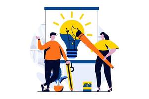 Teamwork concept with people scene in flat cartoon design. Man and woman working as artist together, generating creative ideas, drawing and discussing tasks. illustration visual story for web vector