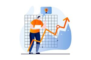 Stock market concept with people scene in flat cartoon design. Man analyzes chart with arrow of growth and positive trend and trading on stock exchange. illustration visual story for web vector