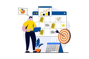 Strategic planning concept with people scene in flat cartoon design. Man analyzes data, develops strategy, organizes workflow and marks meetings in calendar. illustration visual story for web vector