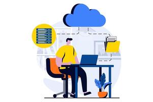 Server maintenance concept with people scene in flat cartoon design. Man making settings and optimization connection of internet provider and fixing problems. illustration visual story for web vector