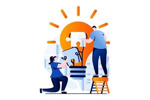 Teamwork concept with people scene in flat cartoon design. Man and woman creating new solving and ideas for business, optimize processes, working together. illustration visual story for web vector