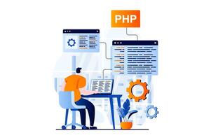 software desarrollo concepto con personas escena en plano dibujos animados diseño. hombre trabajando con php idioma, codificación a pantallas, programación y crea productos ilustración visual historia para web vector