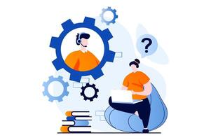 Technical support concept with people scene in flat cartoon design. Woman chatting to operator with question. Man in headset solving tech problems of clients. illustration visual story for web vector