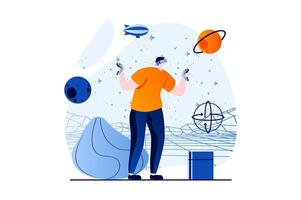 Virtual reality concept with people scene in flat cartoon design. Man in VR glasses using controllers for research and interacting with planets in simulation. illustration visual story for web vector