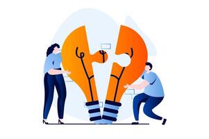 Teamwork concept with people scene in flat cartoon design. Man and woman brainstorming, creating new solving and optimize processes, working in team together. illustration visual story for web vector