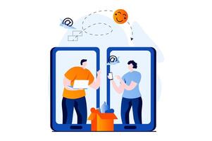 Social network concept with people scene in flat cartoon design. Man and woman communicate online, send messages and gifts to each other using mobile apps. illustration visual story for web vector