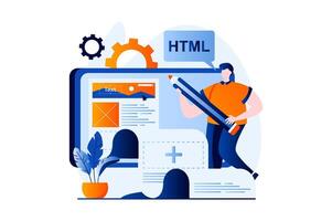 Web development concept with people scene in flat cartoon design. Man is programming in html, creating and optimizing website and testing online platform. illustration visual story for web vector